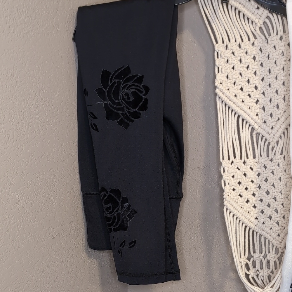 Black Zyia Leggings with velvet Floral Design